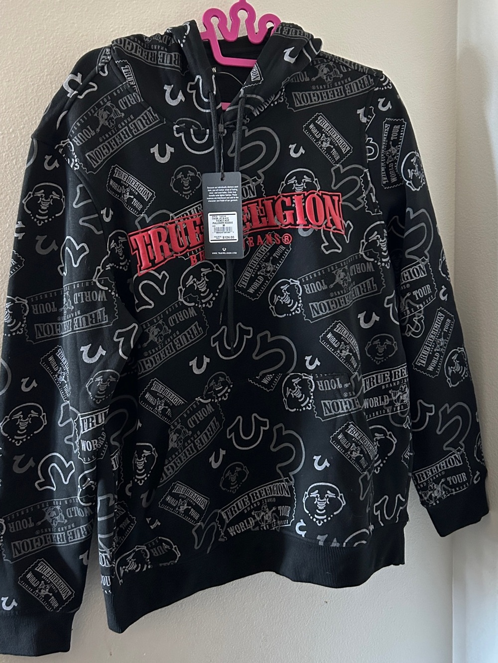 True Religion Black Hoodie with Red Logo and Gray All-Over Print
